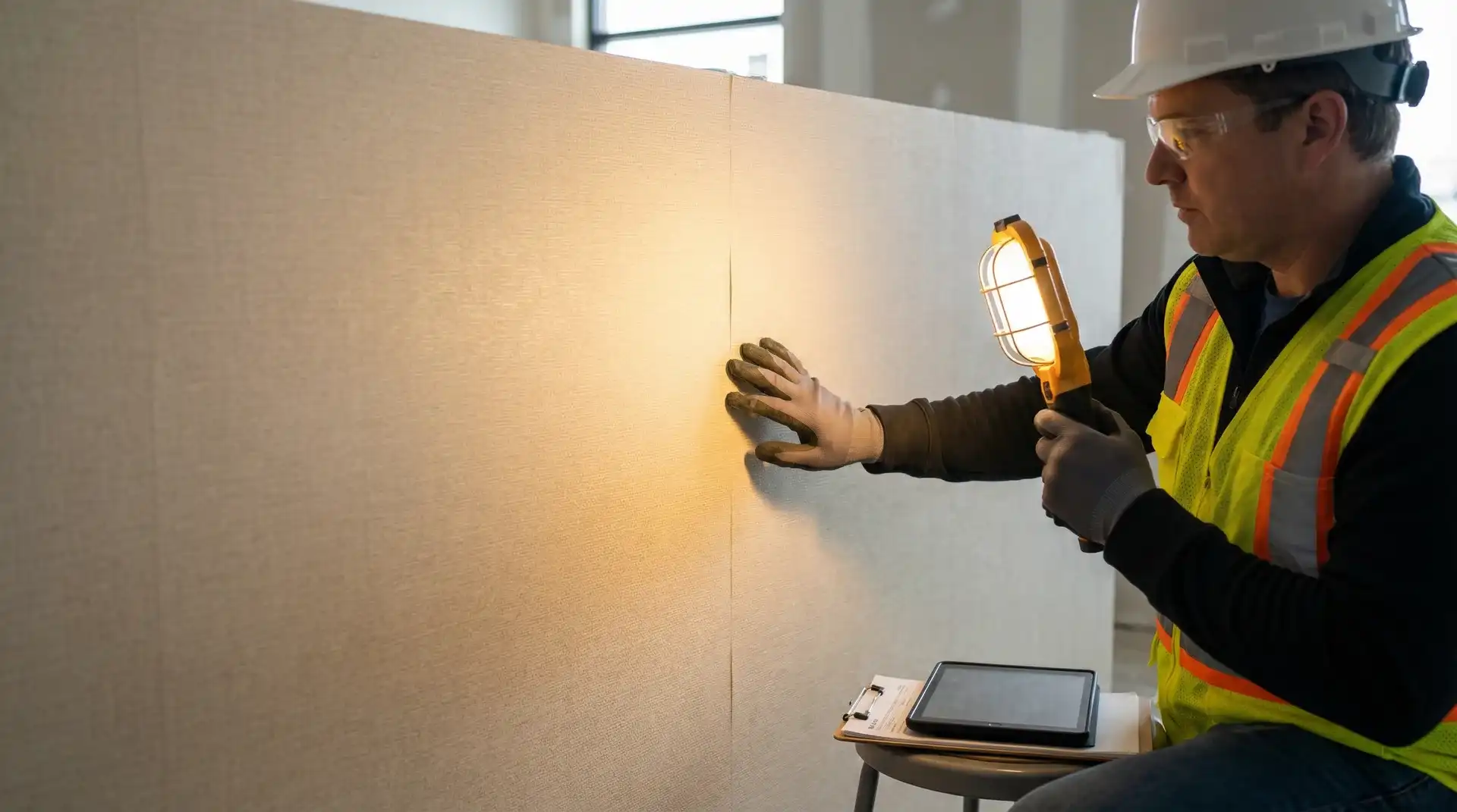 Quality control inspection of wallcovering seams under work light